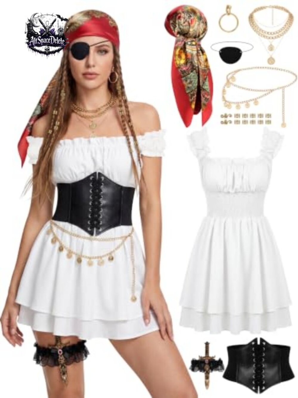 Pirate Costume Dress Corset Belt 9 Piece Halloween Cosplay Set